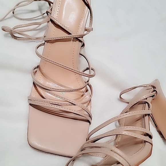Square Toe Strappy Lace Up Mid Heel Sandal in Nude - Picture 7 of 8